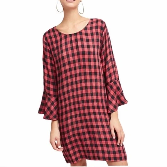 Anthropologie Cloth & Stone Plaid Flutter Sleeve Buffalo Check Open Back Dress M - Picture 1 of 12